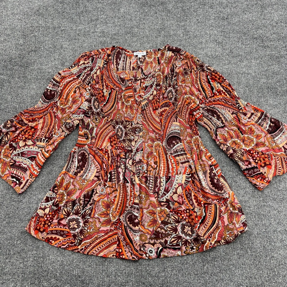 Floral & Ivy Peasant Paisley Top Womens‎ Medium Orange Pleated Retro Boho Chic
